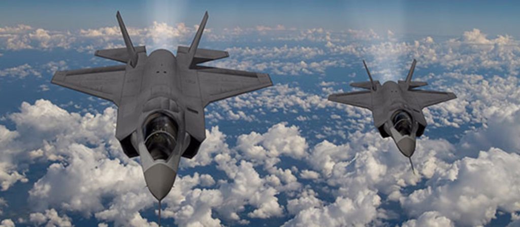 A rendering of two F-35s flying through the sky