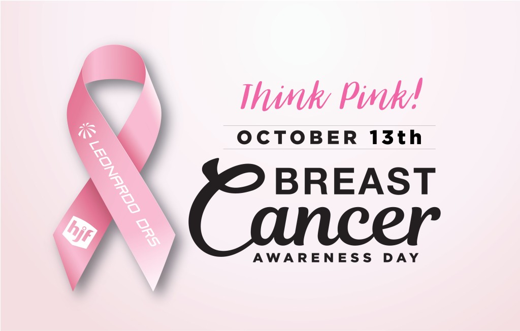 Pink ribbon graphic for Breast Cancer Awareness Day featuring the date October 13 and Leonardo DRS branding.
