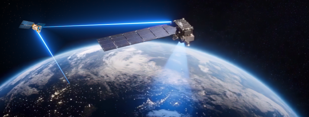 Two satellites in orbit exchange data while one uses a downward-facing sensor to observe Earth.