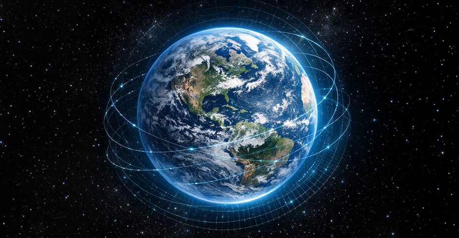 Earth in space surrounded by orbital paths representing satellites and global connectivity.