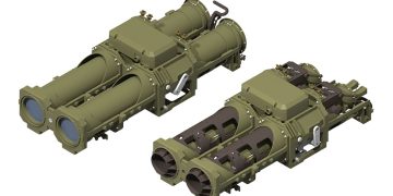 Two views of a dual-tube missile launcher assembly, showing the external housing and internal mechanical components against a white background.