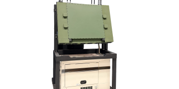 Ground-based radar system mounted on a portable skid, featuring a large rectangular sensor assembly and multiple antennas.