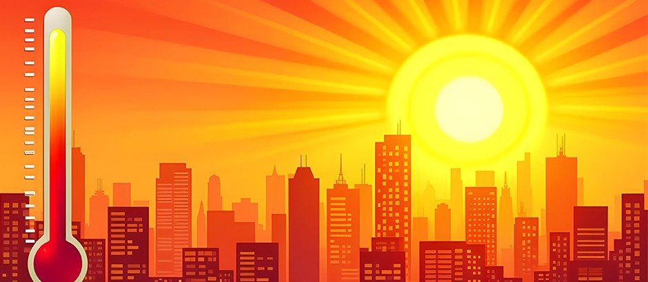 illustration showing a city scape with a large sun and temperatures rising