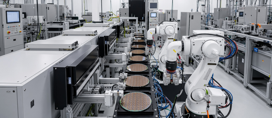 Automated semiconductor manufacturing facility with robotic arms handling silicon wafers on a high-tech production line.